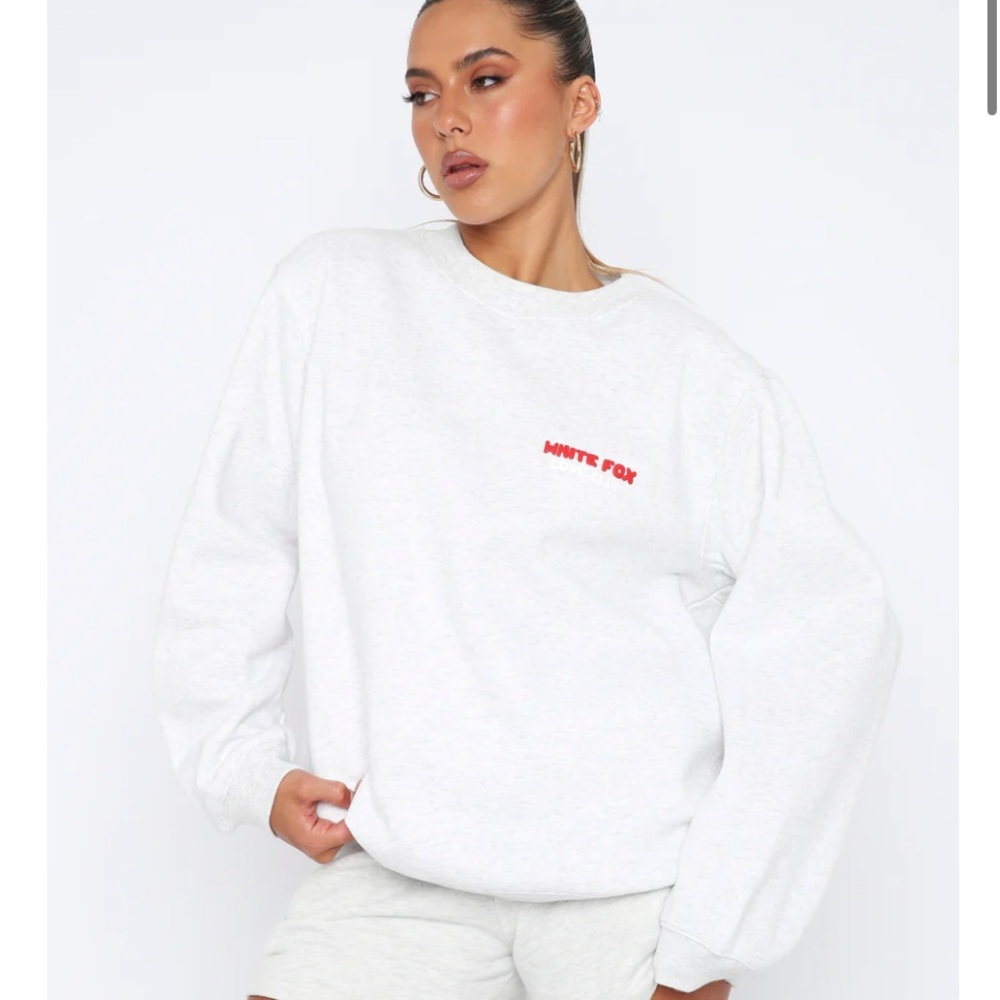 White Fox Boutique White Crewneck Sweatshirt with Red Logo